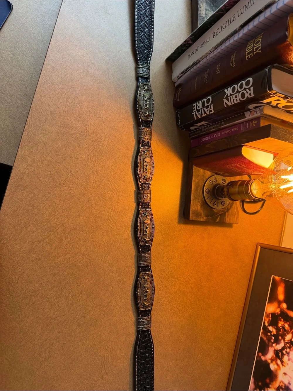 NWOT West Star Texas Western Brown Leather Belt with Ornate Antique Brass Buckle